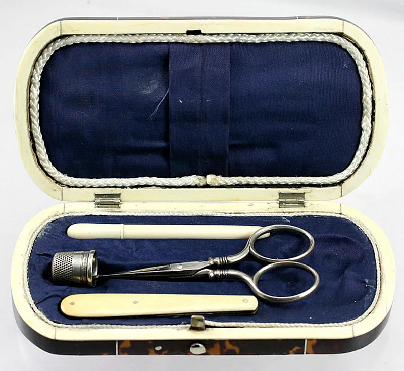 Antique Tortoise Shell Sewing Box, Etui - Sterling & Ivory Sewing Implements, Tortoiseshell Casket