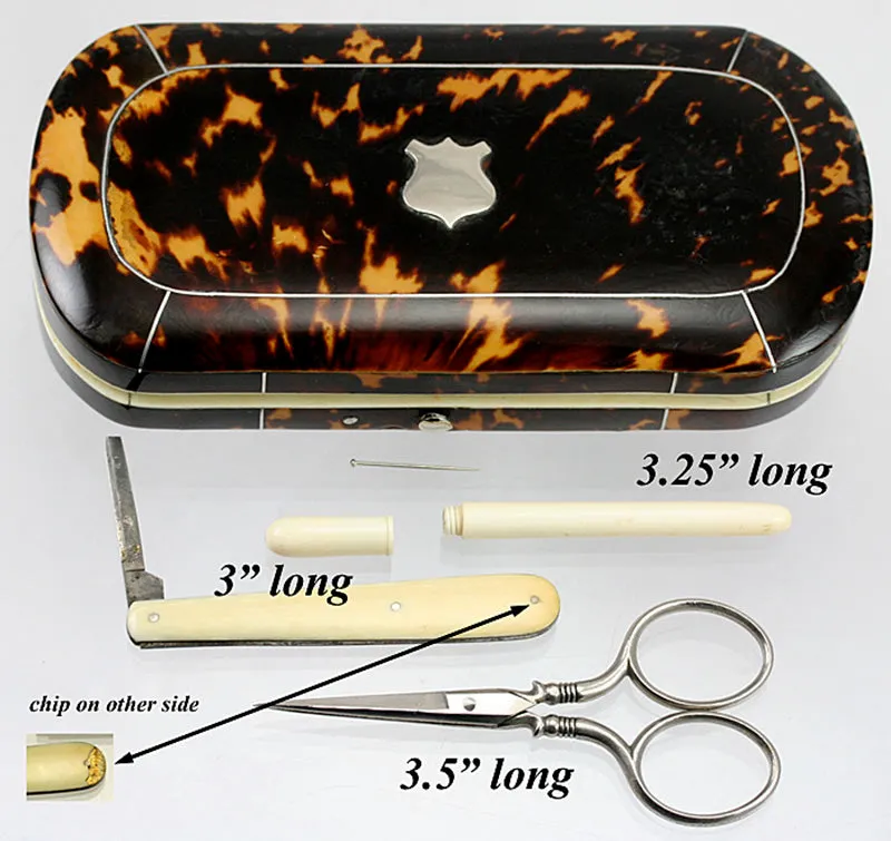 Antique Tortoise Shell Sewing Box, Etui - Sterling & Ivory Sewing Implements, Tortoiseshell Casket