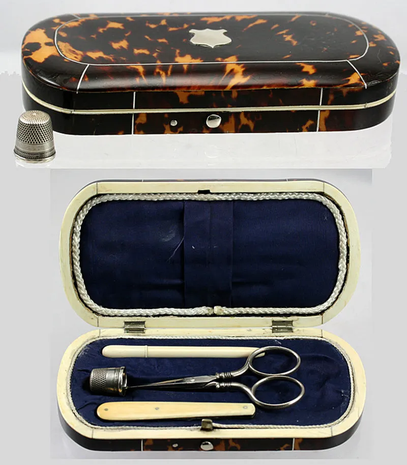 Antique Tortoise Shell Sewing Box, Etui - Sterling & Ivory Sewing Implements, Tortoiseshell Casket