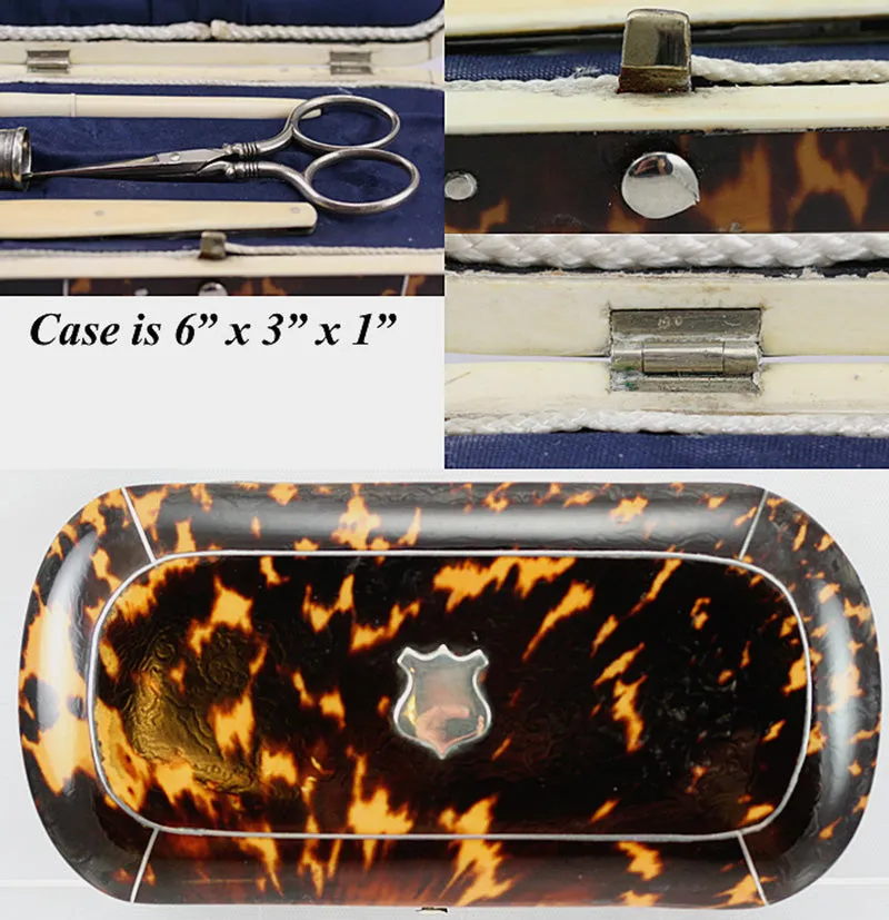 Antique Tortoise Shell Sewing Box, Etui - Sterling & Ivory Sewing Implements, Tortoiseshell Casket