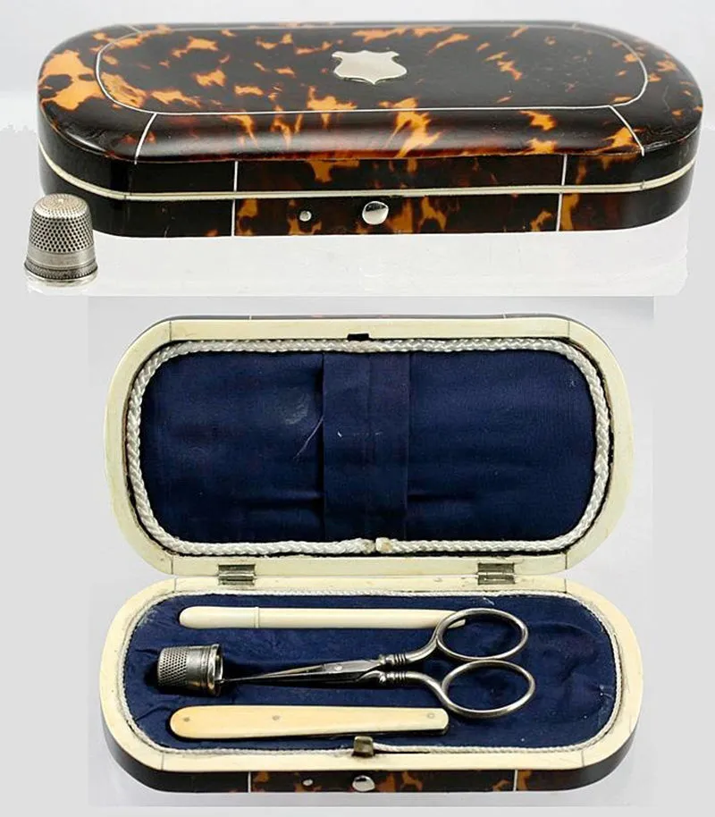 Antique Tortoise Shell Sewing Box, Etui - Sterling & Ivory Sewing Implements, Tortoiseshell Casket