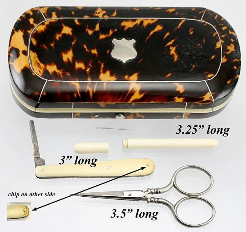 Antique Tortoise Shell Sewing Box, Etui - Sterling & Ivory Sewing Implements, Tortoiseshell Casket