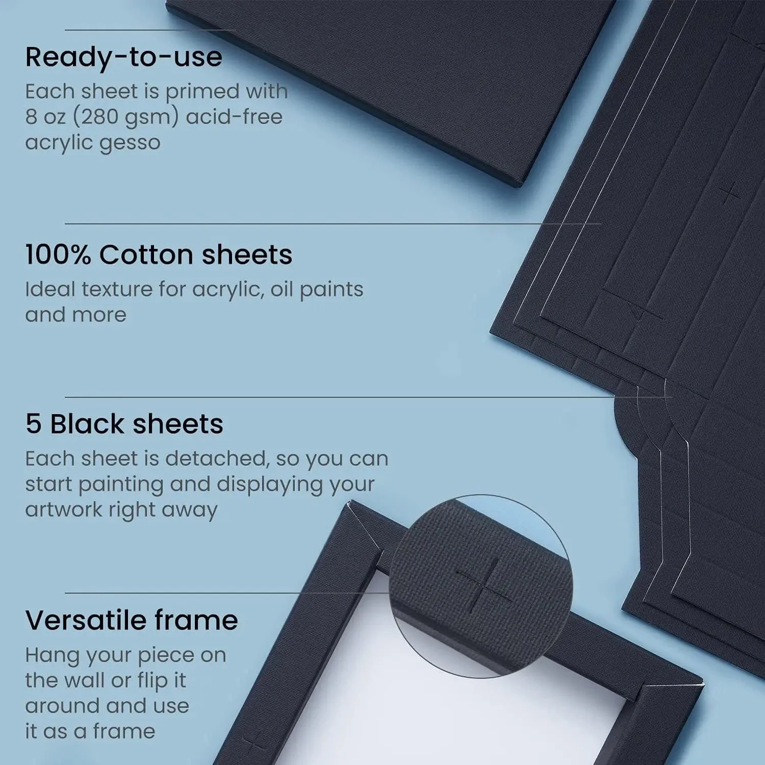 Arteza Classic DIY Frame Canvas 100% Cotton Black 5 Sheets Primed