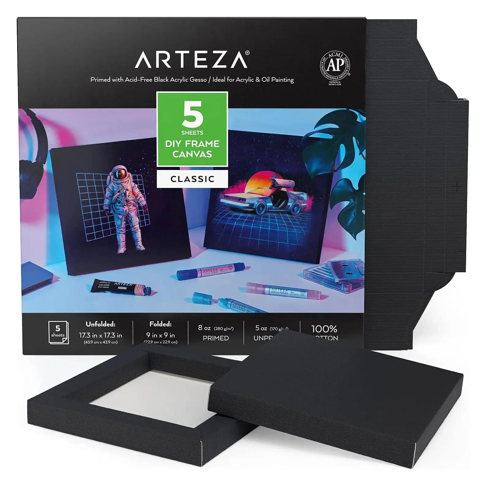 Arteza Classic DIY Frame Canvas 100% Cotton Black 5 Sheets Primed