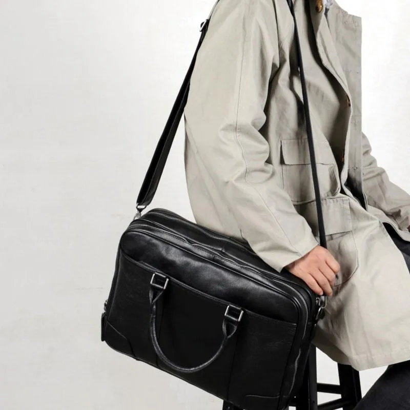 Black Leather Mens Cool Briefcase Work Bag Business Bag for men
