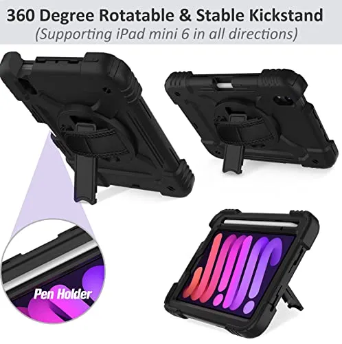 BMOUO iPad Mini 6 Case, iPad Mini 6th Generation Case, Rugged Shockproof [360° Rotating Stand] [Hand Strap] [2nd Gen Pencil Holder] Kids Case for New iPad Mini 6th Generation 8.3 inch 2021- Black