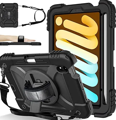 BMOUO iPad Mini 6 Case, iPad Mini 6th Generation Case, Rugged Shockproof [360° Rotating Stand] [Hand Strap] [2nd Gen Pencil Holder] Kids Case for New iPad Mini 6th Generation 8.3 inch 2021- Black