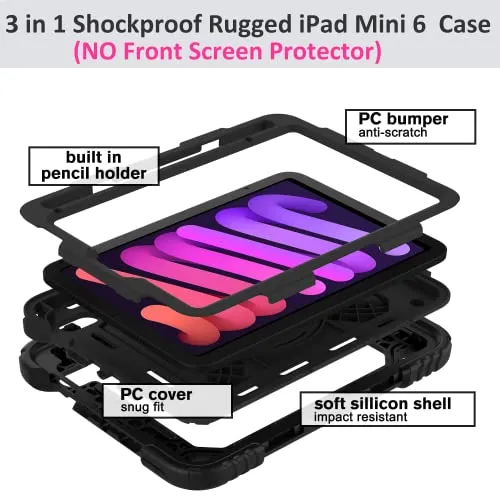 BMOUO iPad Mini 6 Case, iPad Mini 6th Generation Case, Rugged Shockproof [360° Rotating Stand] [Hand Strap] [2nd Gen Pencil Holder] Kids Case for New iPad Mini 6th Generation 8.3 inch 2021- Black
