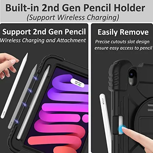 BMOUO iPad Mini 6 Case, iPad Mini 6th Generation Case, Rugged Shockproof [360° Rotating Stand] [Hand Strap] [2nd Gen Pencil Holder] Kids Case for New iPad Mini 6th Generation 8.3 inch 2021- Black