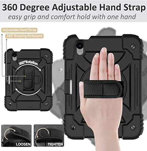 BMOUO iPad Mini 6 Case, iPad Mini 6th Generation Case, Rugged Shockproof [360° Rotating Stand] [Hand Strap] [2nd Gen Pencil Holder] Kids Case for New iPad Mini 6th Generation 8.3 inch 2021- Black