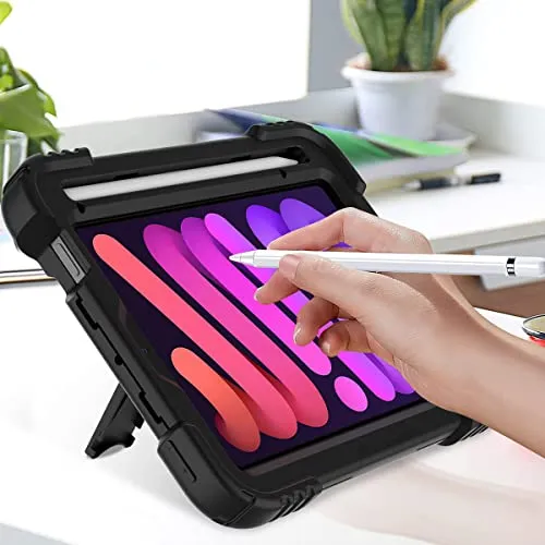 BMOUO iPad Mini 6 Case, iPad Mini 6th Generation Case, Rugged Shockproof [360° Rotating Stand] [Hand Strap] [2nd Gen Pencil Holder] Kids Case for New iPad Mini 6th Generation 8.3 inch 2021- Black