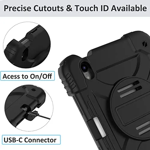 BMOUO iPad Mini 6 Case, iPad Mini 6th Generation Case, Rugged Shockproof [360° Rotating Stand] [Hand Strap] [2nd Gen Pencil Holder] Kids Case for New iPad Mini 6th Generation 8.3 inch 2021- Black