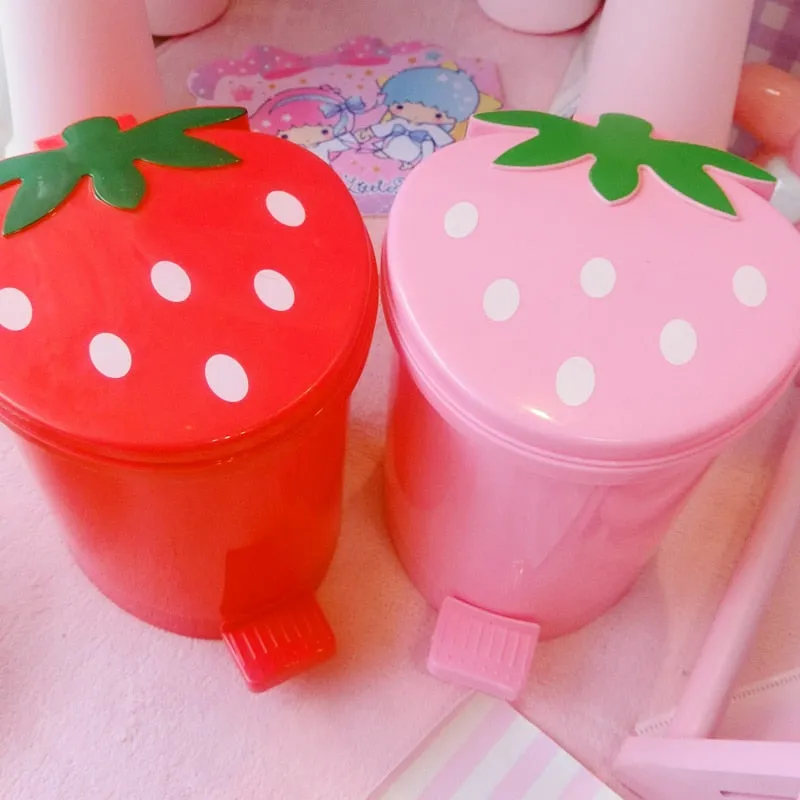 Cute Pink Red Strawberry Waste Bin