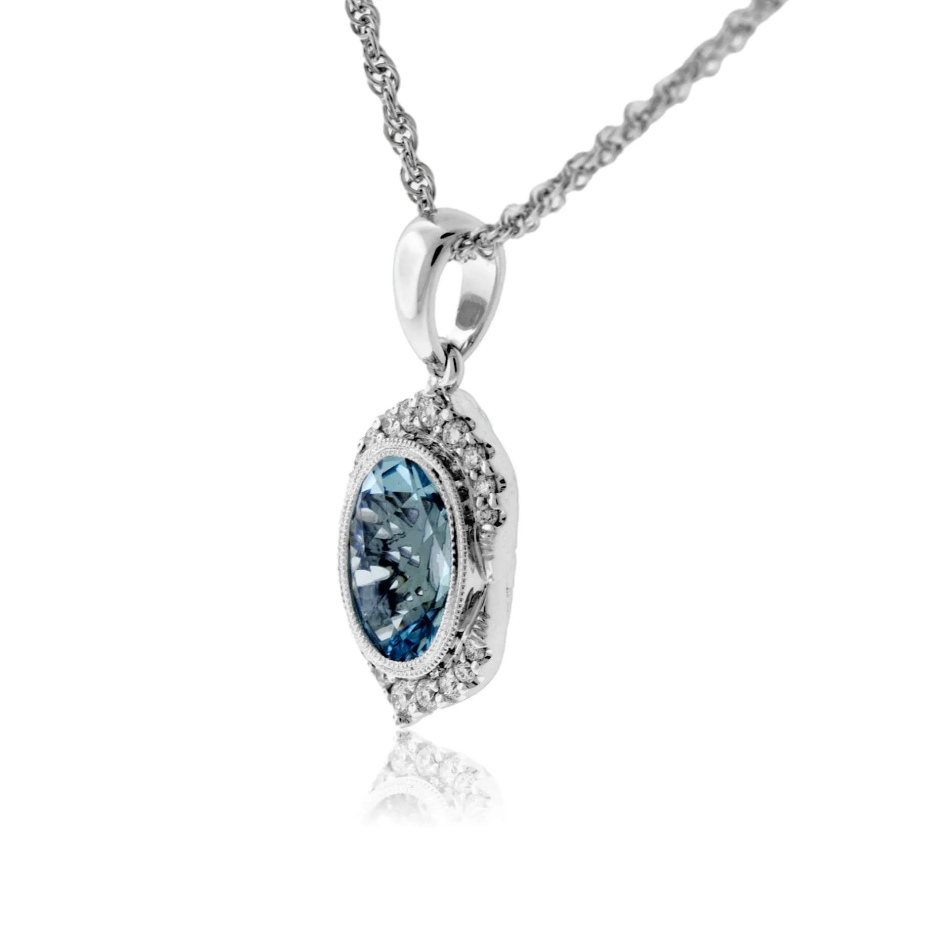 Oval Aquamarine and Diamond Accented Pendant w/Chain