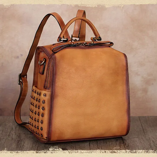 Vintage Womens Small Brown Leather Backpack Purse Cross Shoulder Bag for Women