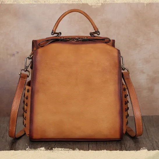 Vintage Womens Small Brown Leather Backpack Purse Cross Shoulder Bag for Women