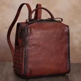 Vintage Womens Small Brown Leather Backpack Purse Cross Shoulder Bag for Women