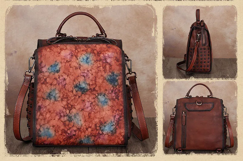 Vintage Womens Small Brown Leather Backpack Purse Cross Shoulder Bag for Women