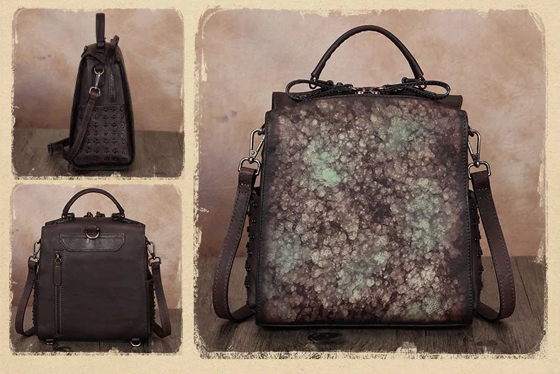 Vintage Womens Small Brown Leather Backpack Purse Cross Shoulder Bag for Women
