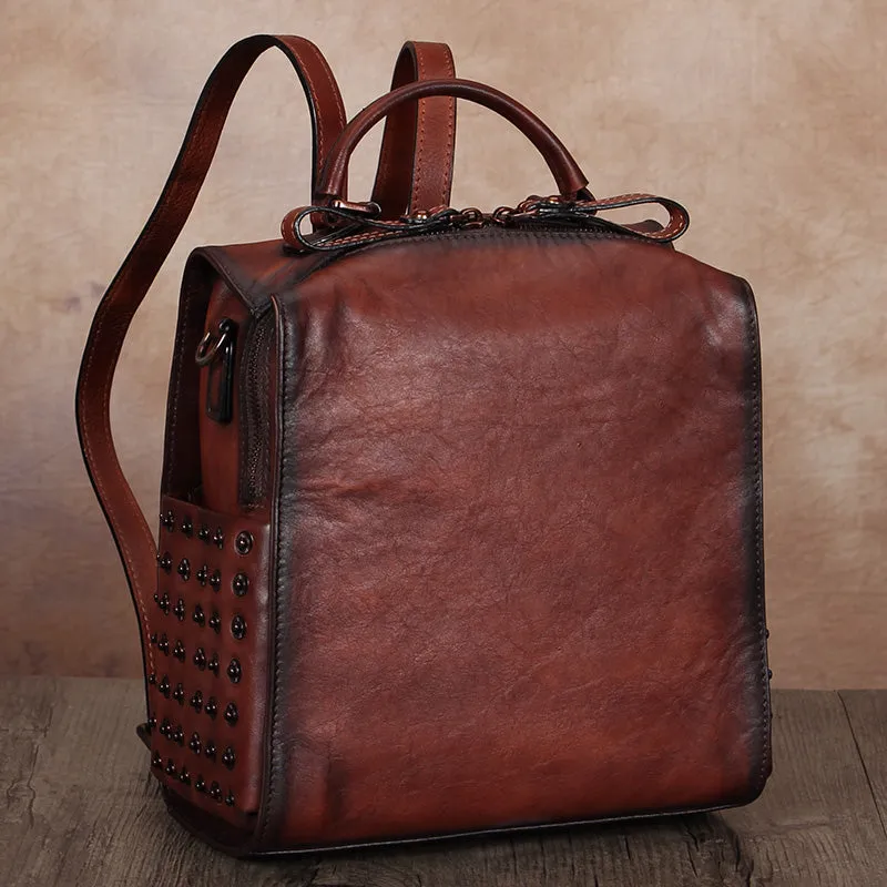 Vintage Womens Small Brown Leather Backpack Purse Cross Shoulder Bag for Women