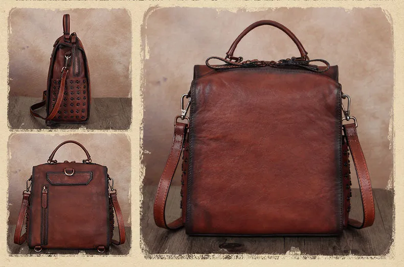 Vintage Womens Small Brown Leather Backpack Purse Cross Shoulder Bag for Women