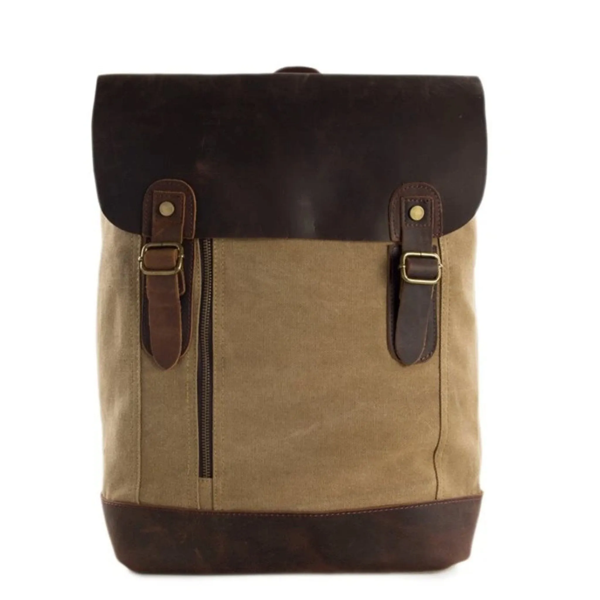 Waxed Canvas and Leather Casual Backpack - Khaki
