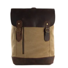 Waxed Canvas and Leather Casual Backpack - Khaki