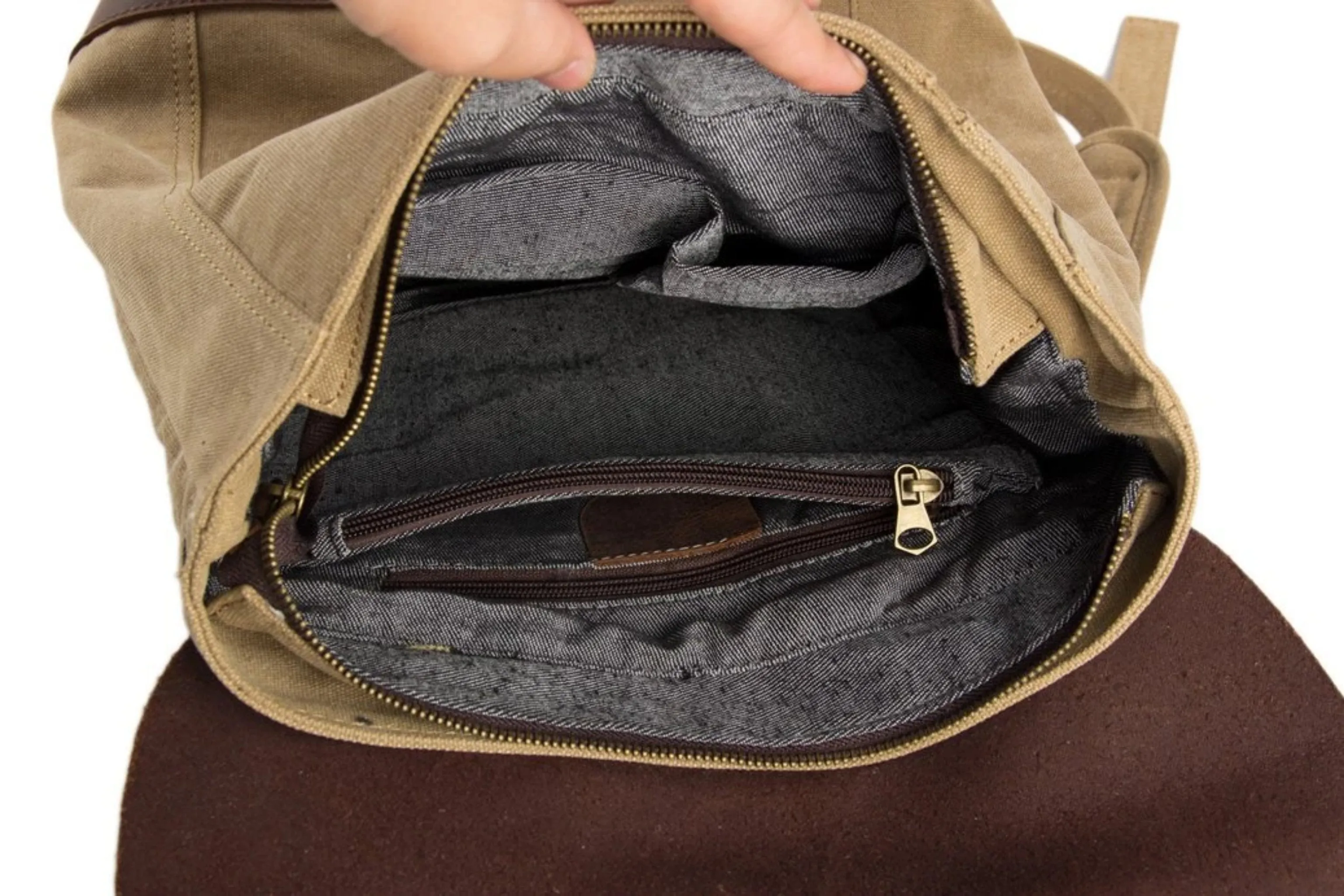 Waxed Canvas and Leather Casual Backpack - Khaki