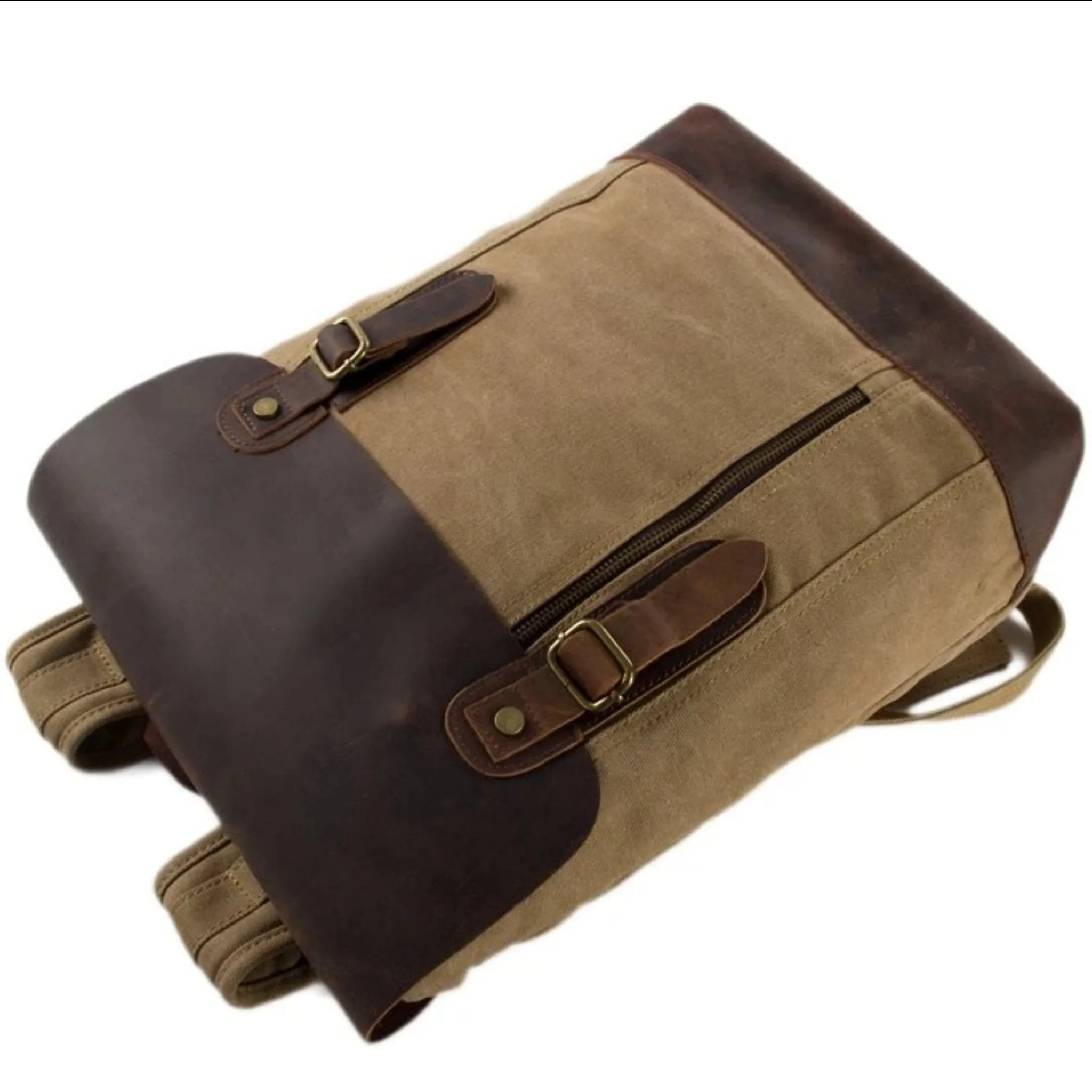 Waxed Canvas and Leather Casual Backpack - Khaki