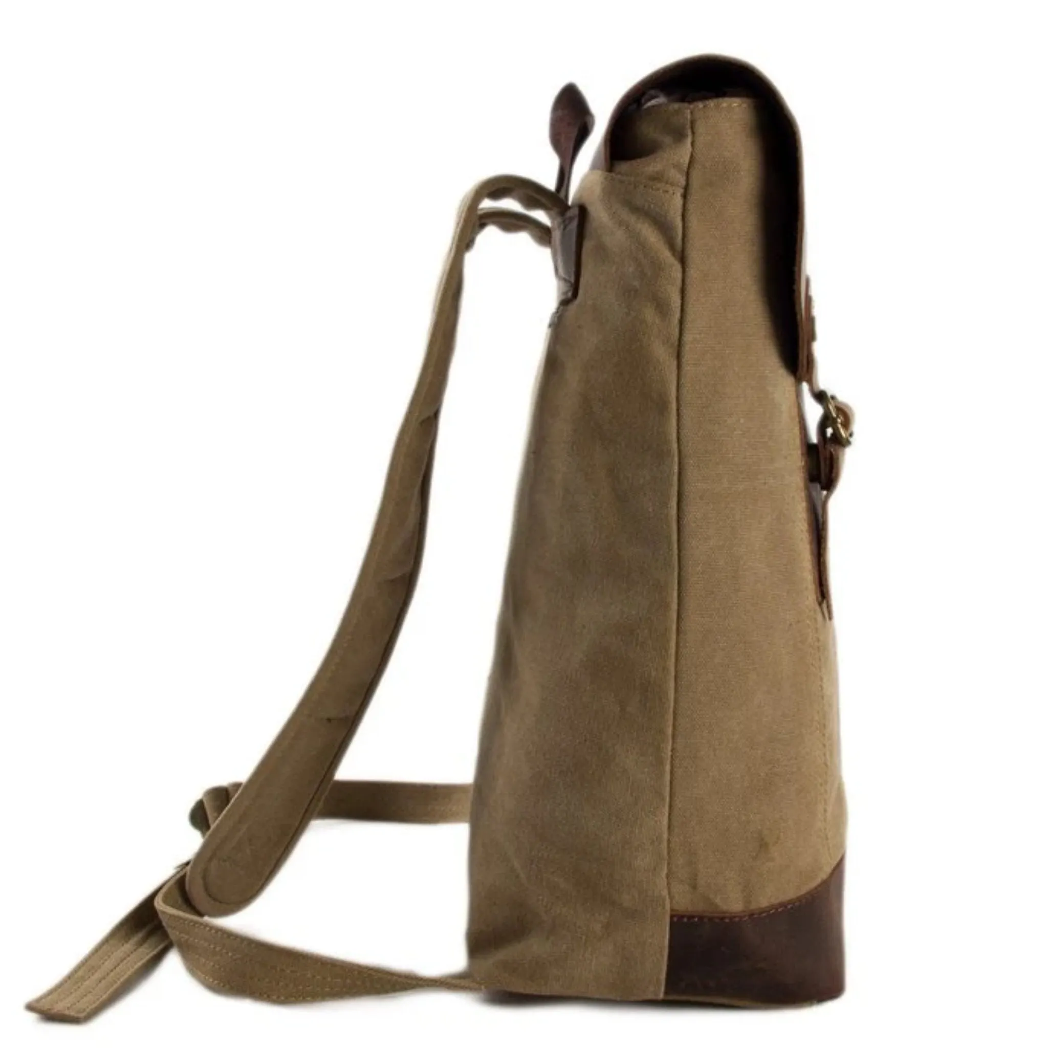 Waxed Canvas and Leather Casual Backpack - Khaki